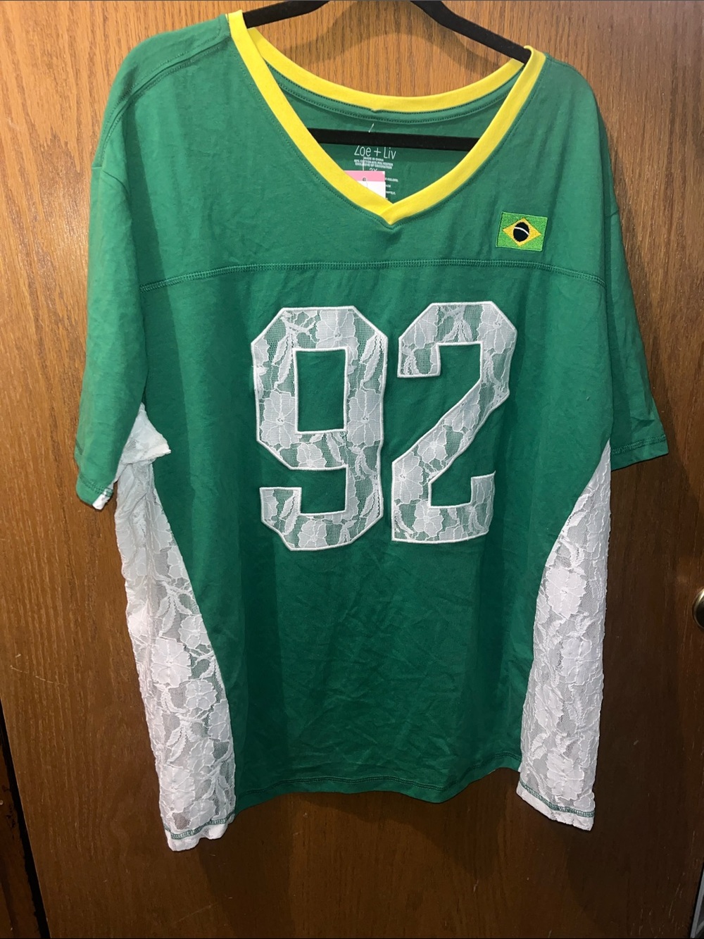 Zoe + Liv Green V-Neck '92 Lace Panel Jersey with Yellow Trim